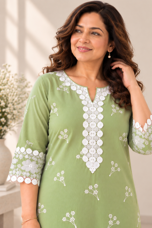 Sabaah Green Cotton Chikankari Kurta