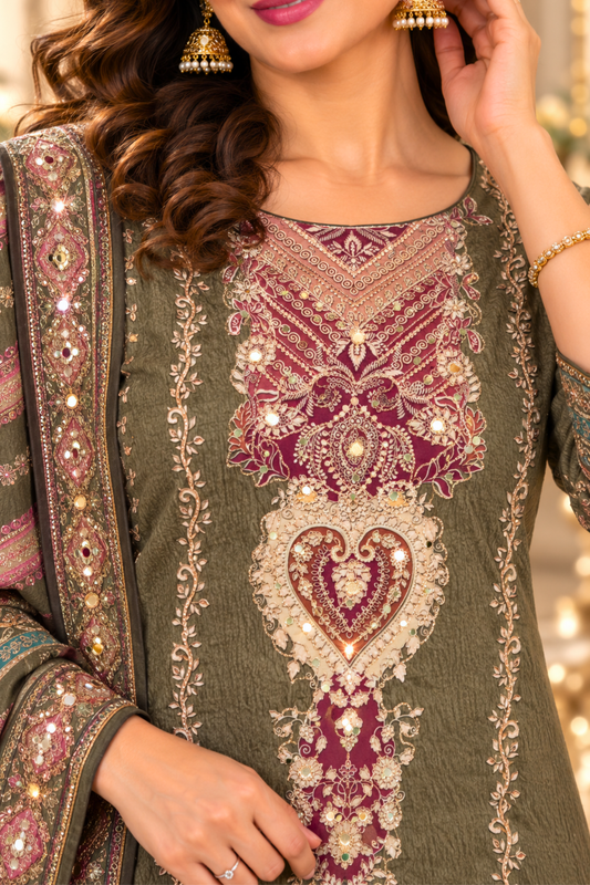 Saira Karachi Muslin Suit With Mirror Work