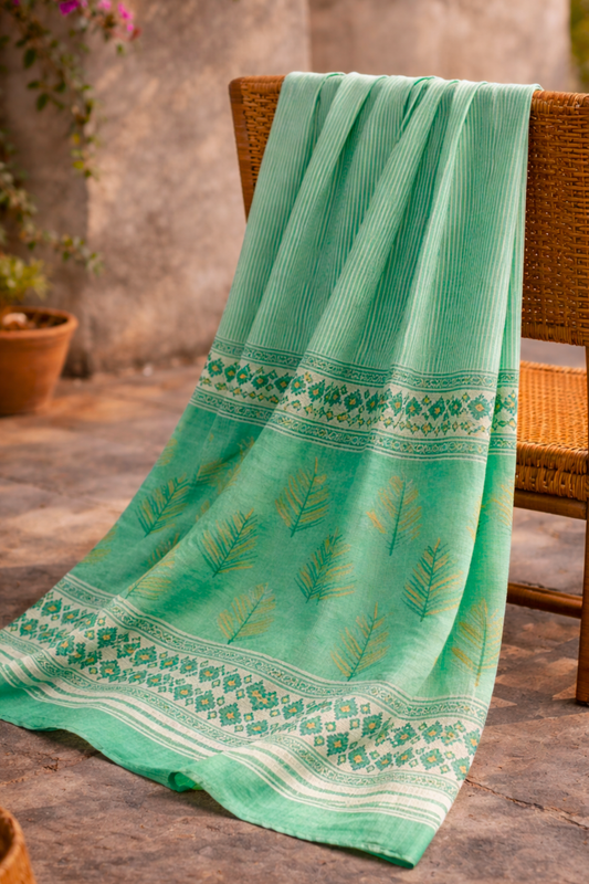 Sea Green Hand Block Cotton Dupatta