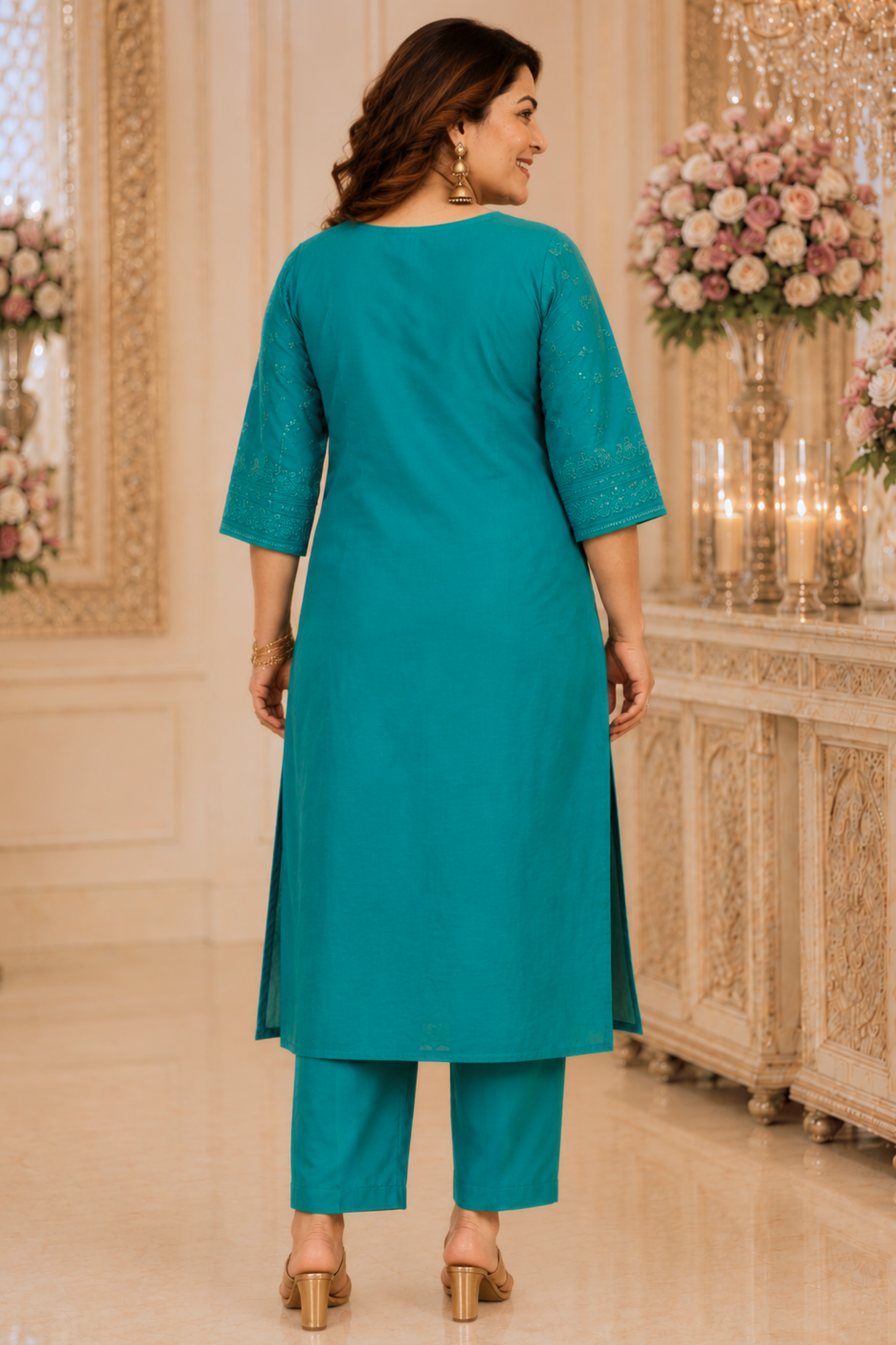 Sea Green Organza Threadwork Suit