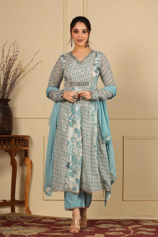 Shimmered Sky Cotton Anarkali Set