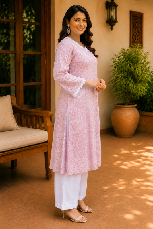 Soft Pink A-line Cotton Kurta