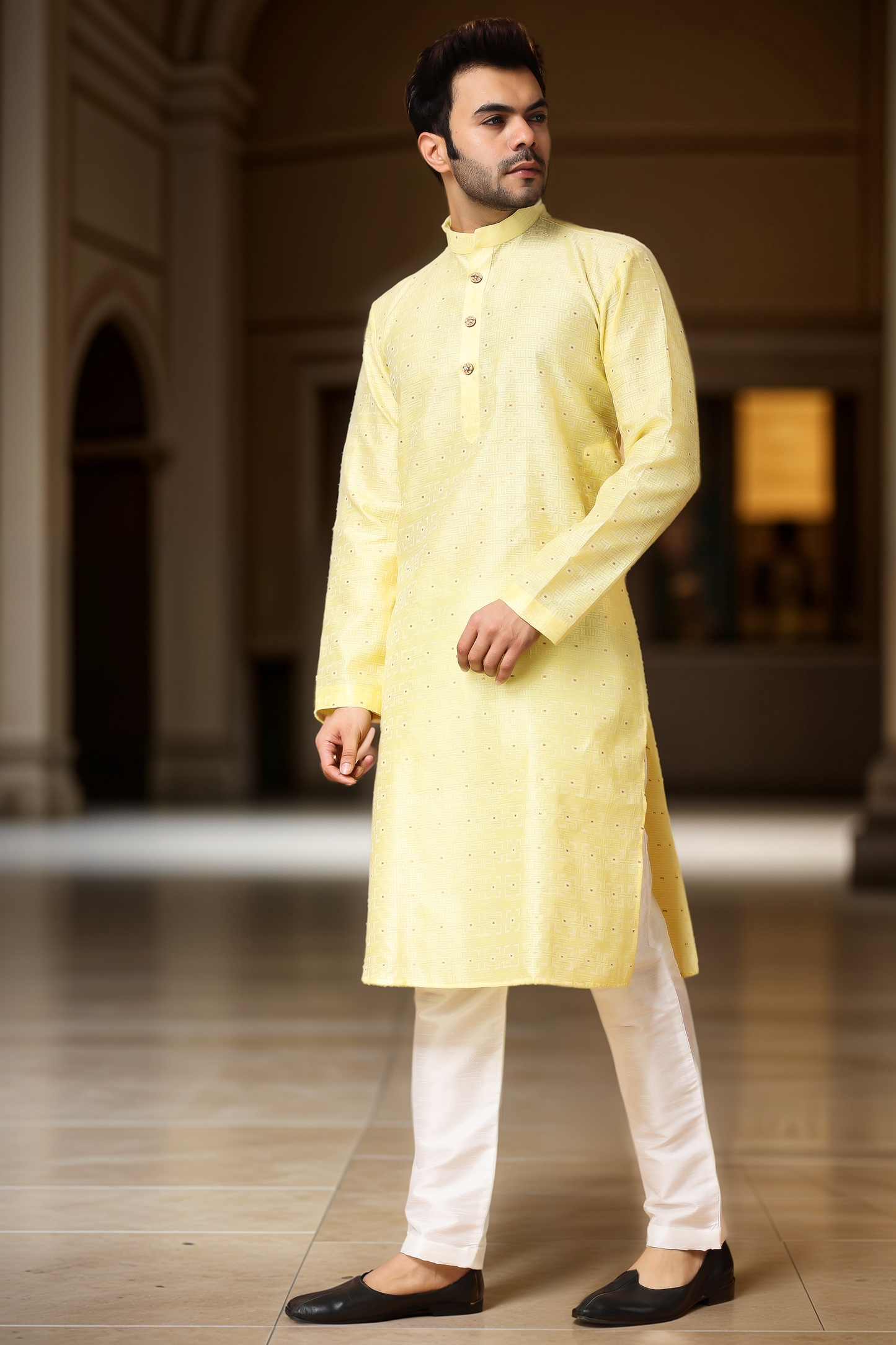 Buy Plus Size Subtle Yellow Jacquard Kurta Pajama At Apella | Sizes XS to 10 XL | India | Free Delivery | Customized
