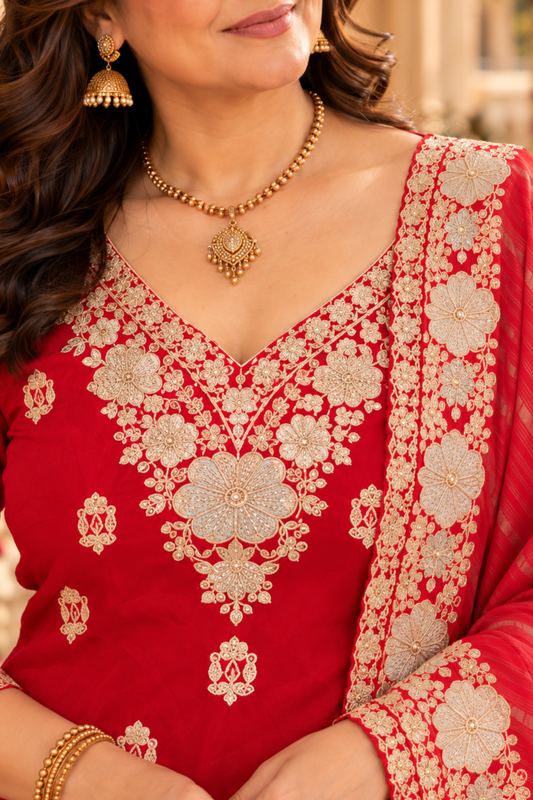 Surkh Laal Suit Set With Zari Embroidery