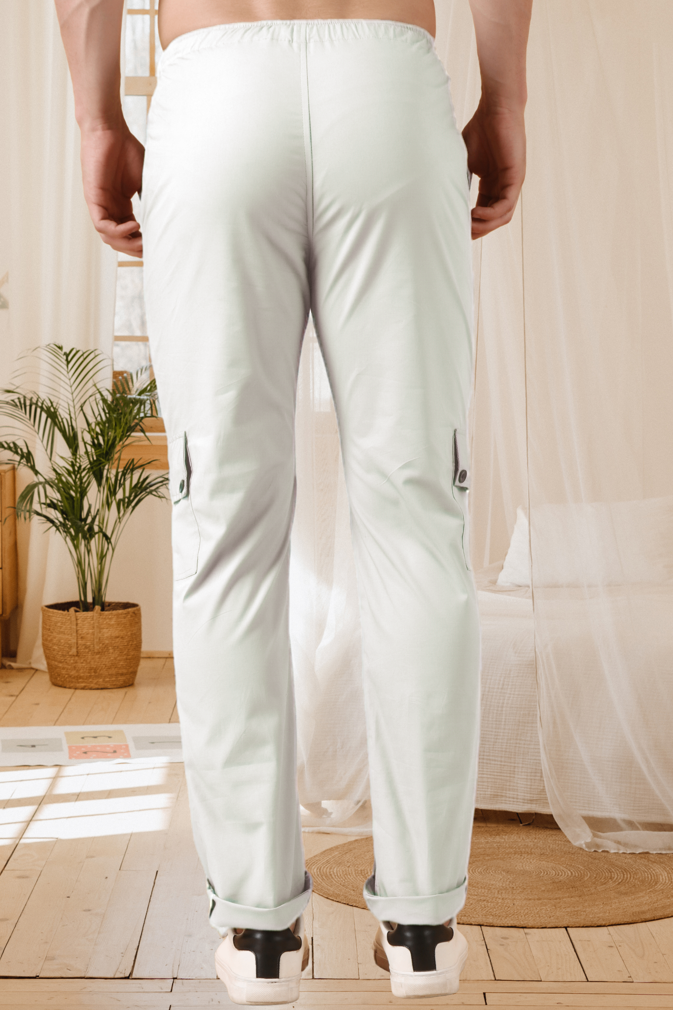 White Solid Cotton Cargo Pants