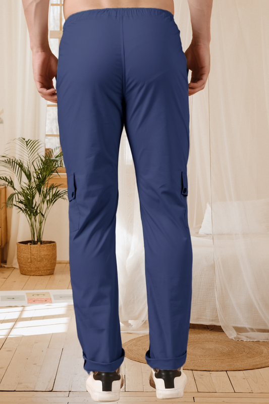 Persian Blue Solid Cotton Cargo Pants