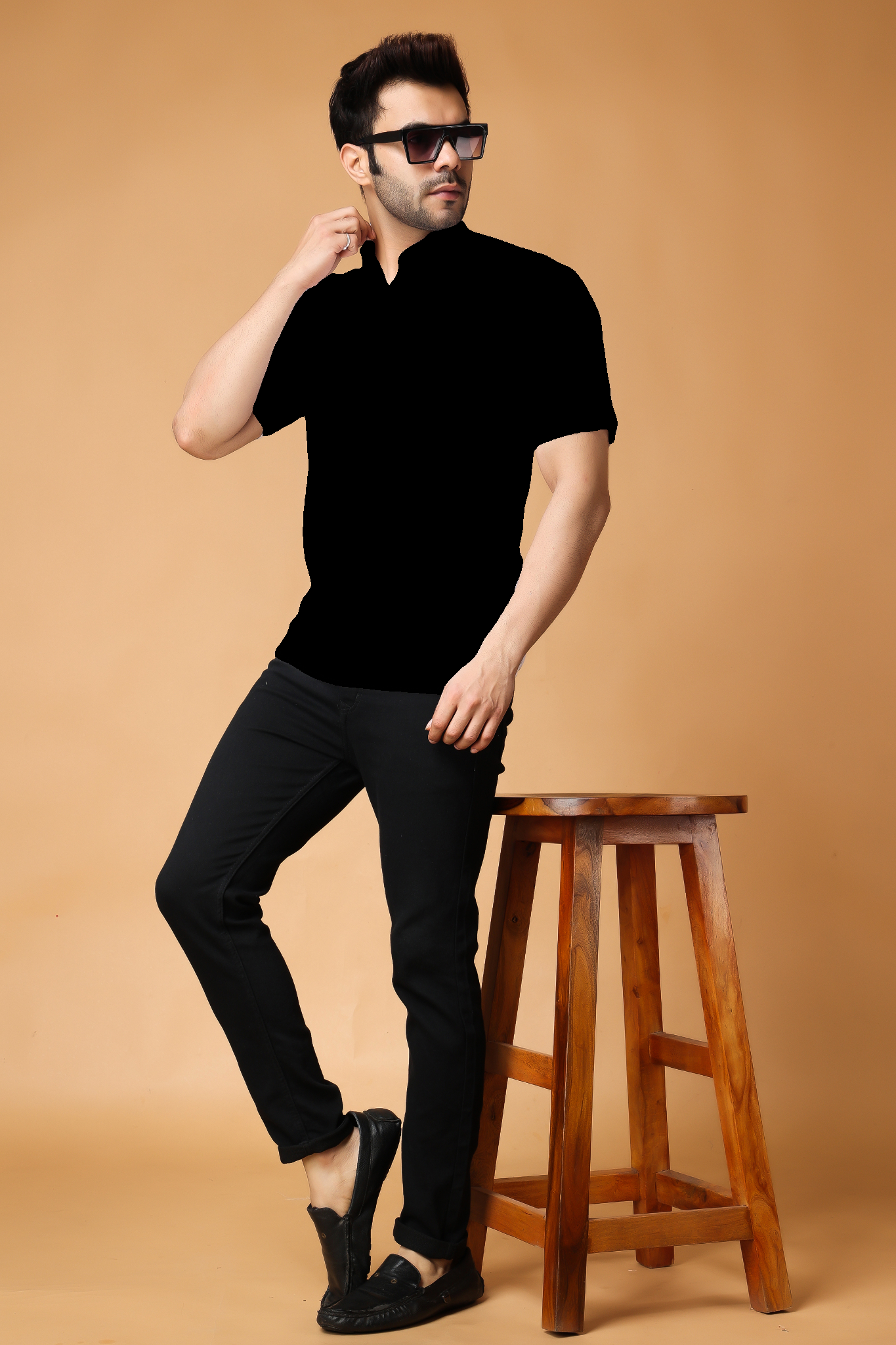 Midnight Black Cotton Short Kurta