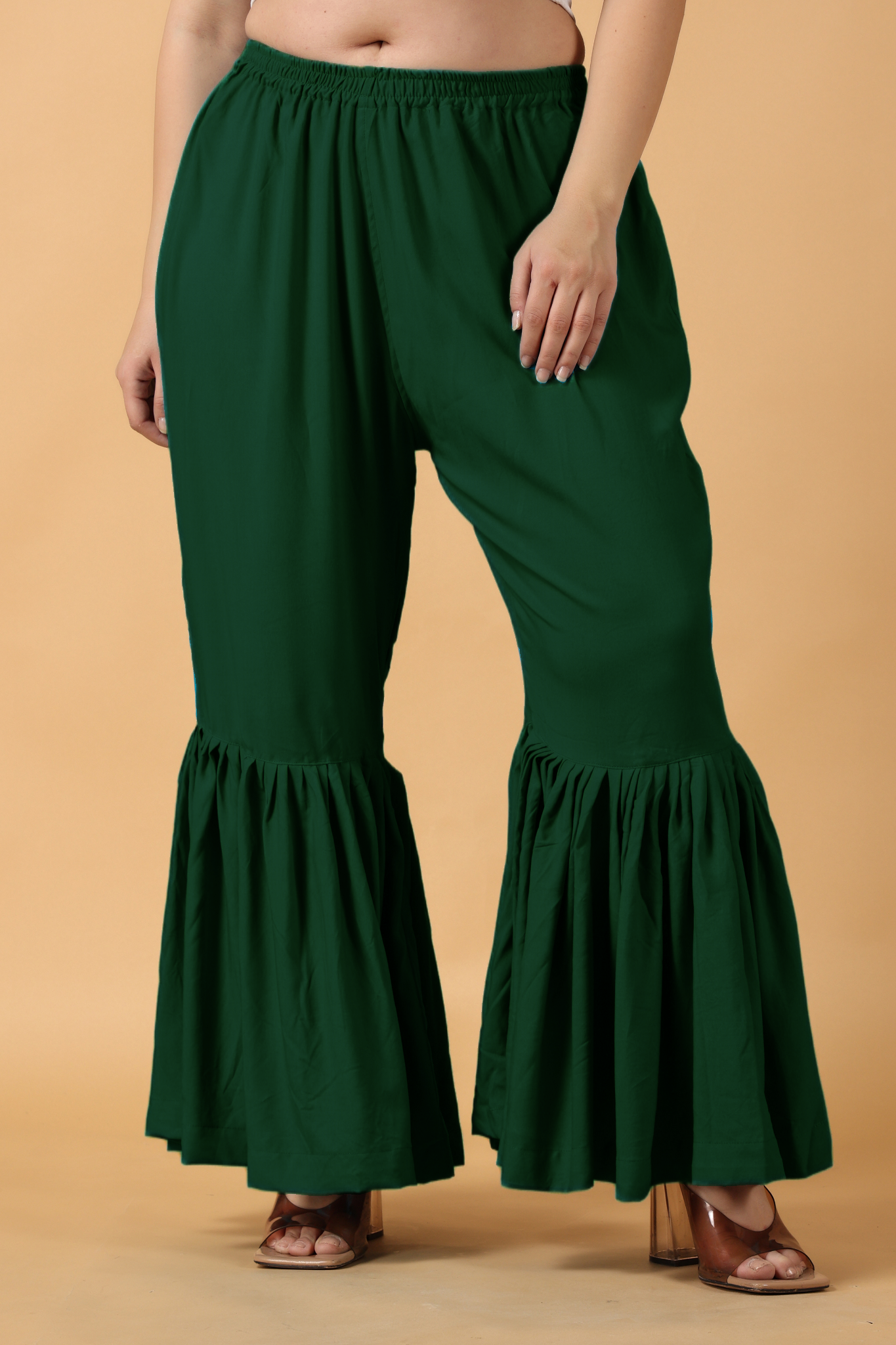 Bottle Green Ruffled Rayon Palazzo