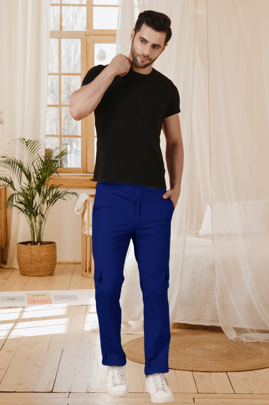 Royal Blue Solid Cotton Cargo Pants