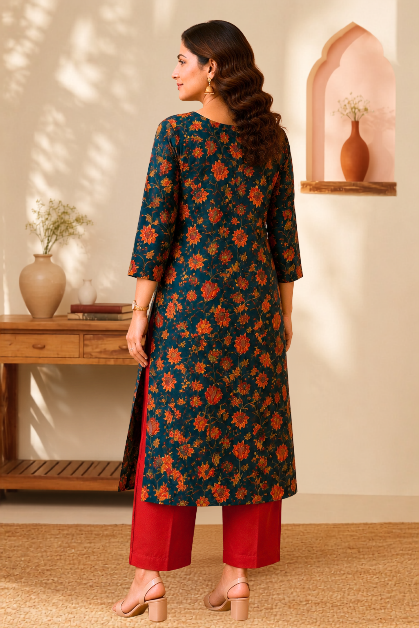 Teal Botanical A-line Cotton Kurta