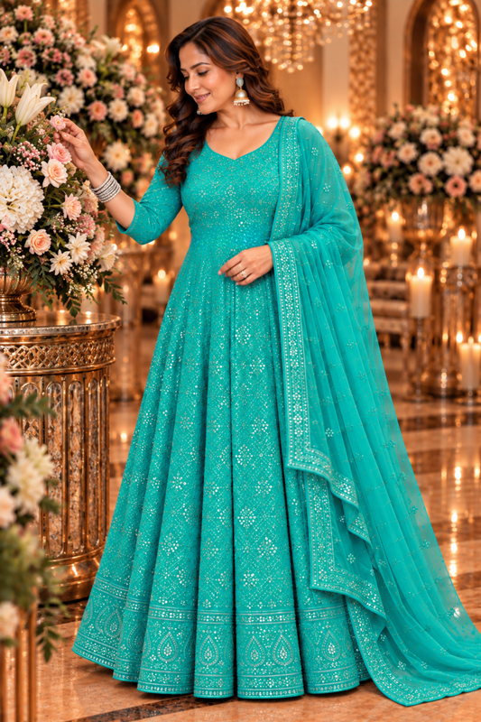 Turquoise Blue Georgette Dress with Dupatta
