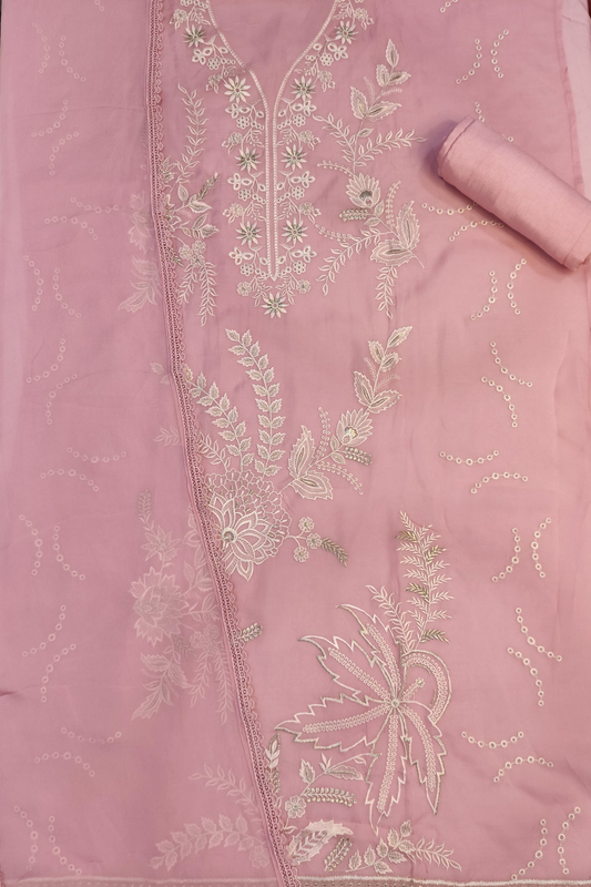 Soft Pink Organza Suit With Schiffli Work