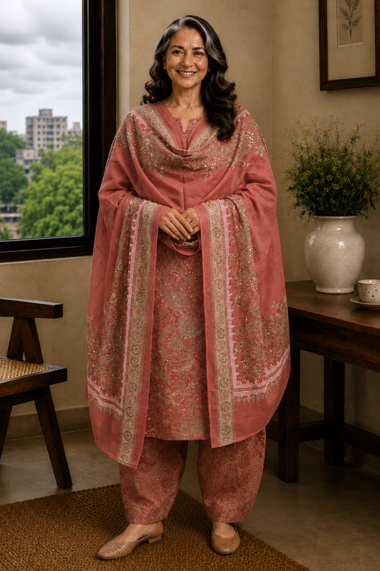 Vintage Wood Foiled Cotton Kurta With Pants