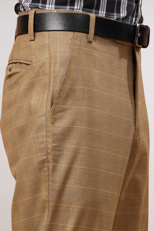 Warm Beige Checked Formal Trousers