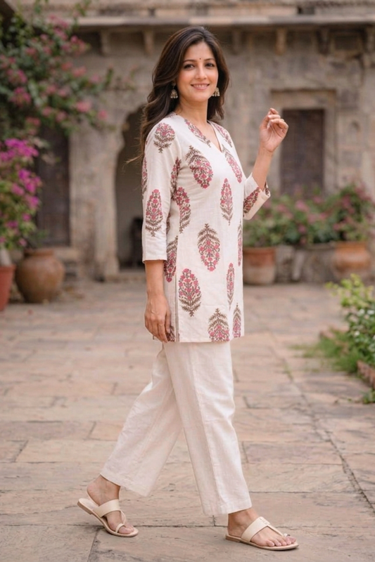 White Block Print Kurta