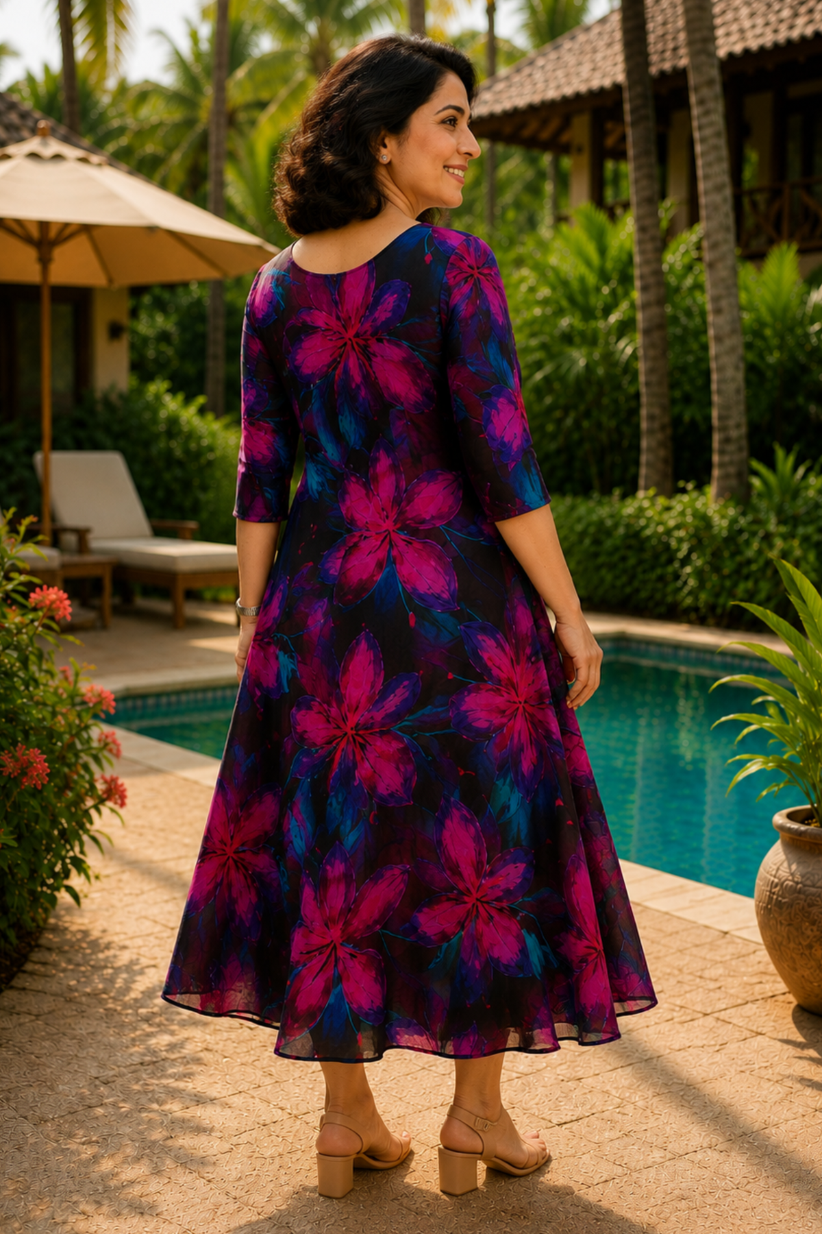 Wild Orchid Floral Calf Dress With Pockets