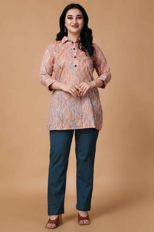 Buy Plus Size Prismic Peach Foiled Mulmul Kurta At Apella | Sizes XS to 10 XL | India | Free Delivery | Customized
