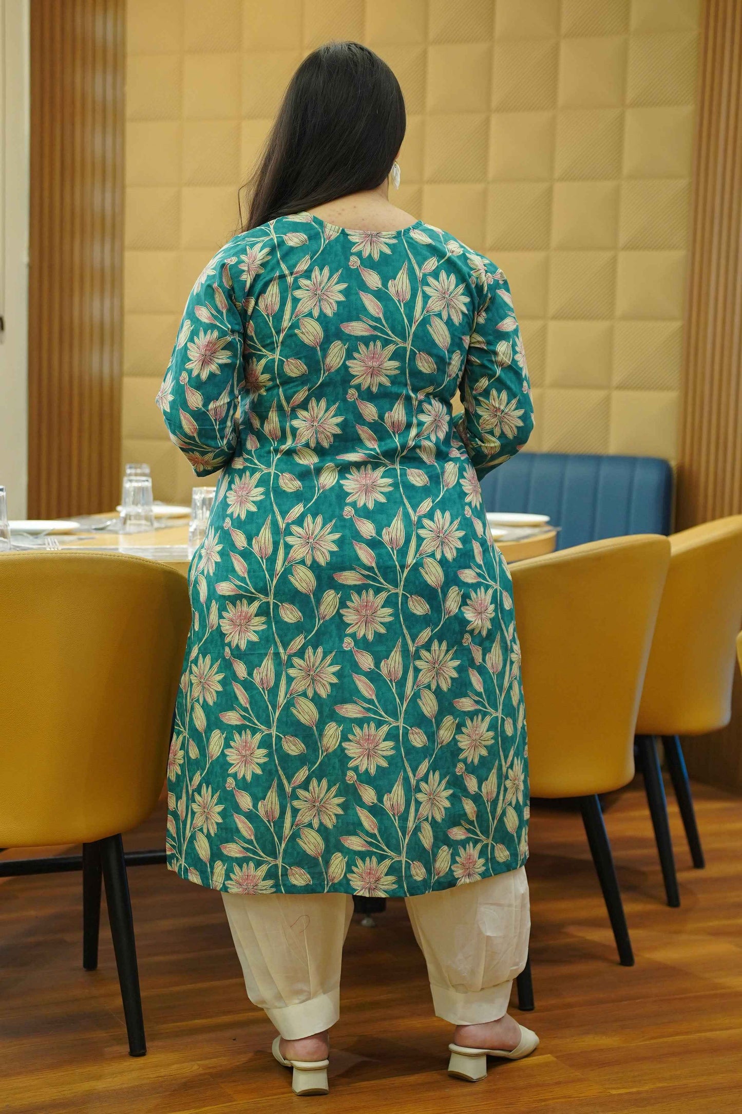 Aqua Green Block Cotton Kali Kurta