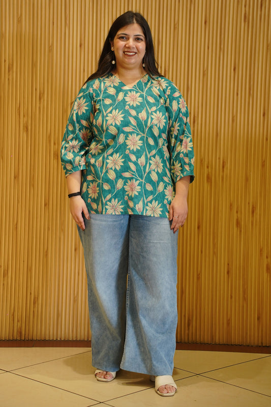 Aqua Green Block Printed Cotton Top