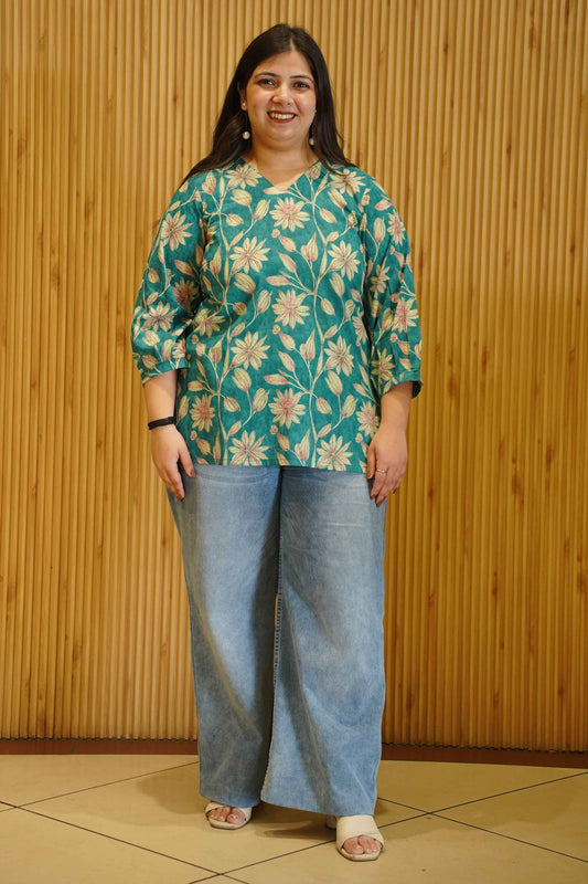 Aqua Green Block Printed Cotton Top