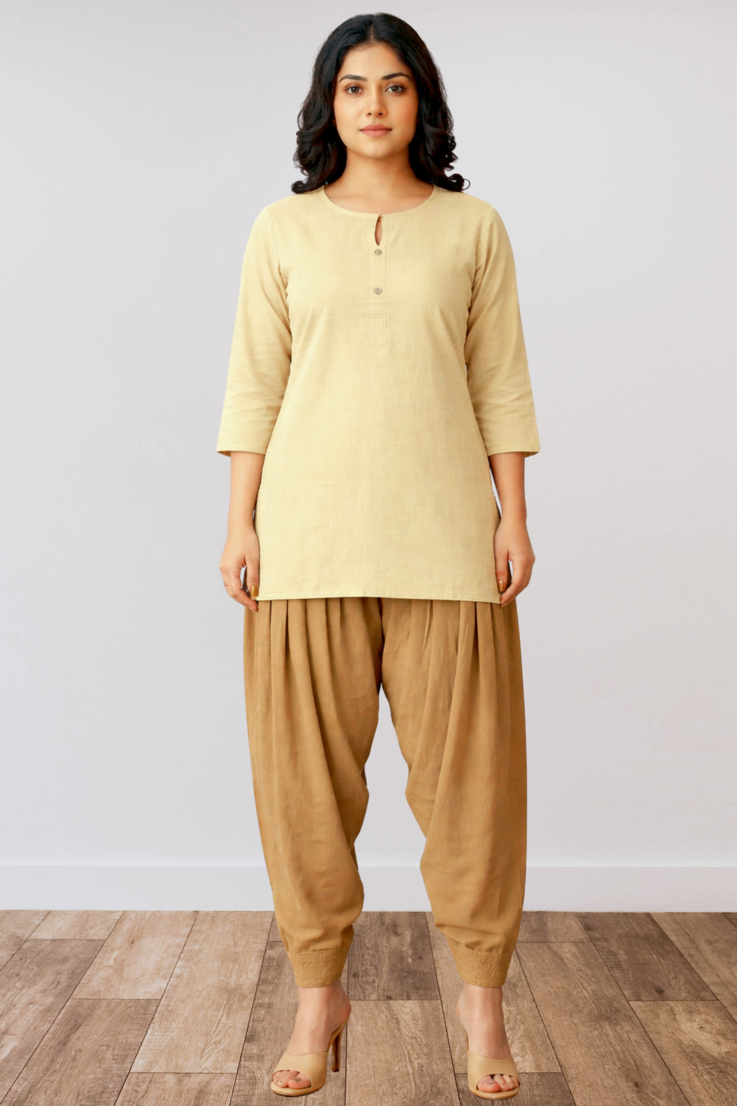 Beige Anti Wrinkle Pleated Salwar