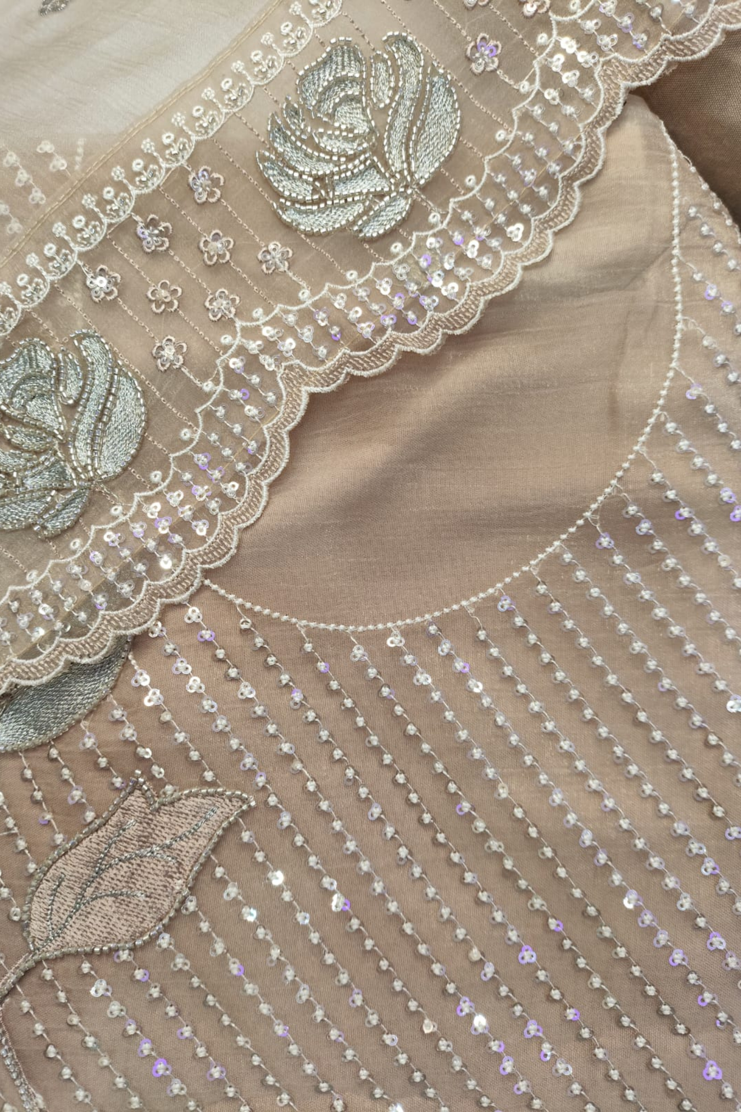 Beige Shimmer Tissue Suit with Handwork