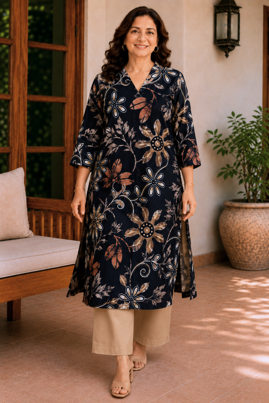 Noir Botanica Foiled Linen A-line Kurta