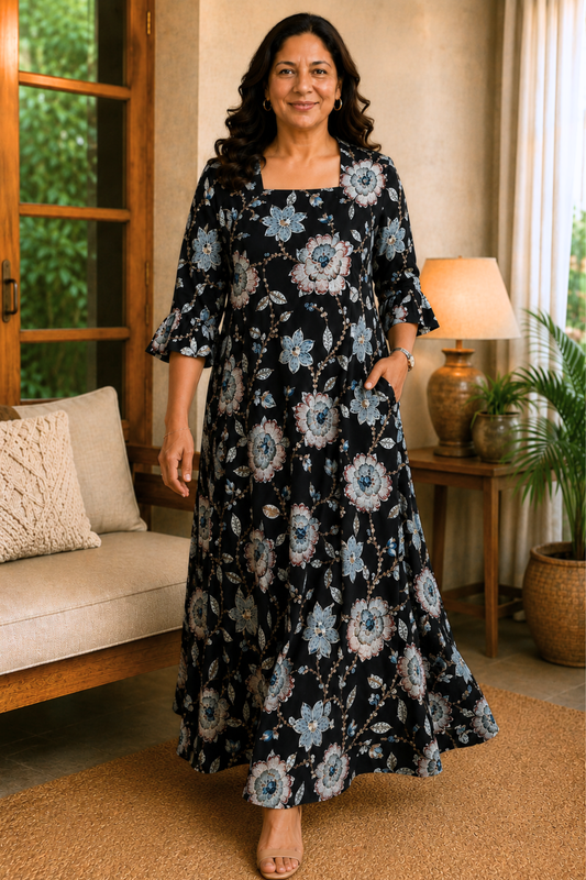 Noir Botanica Rayon Dress With Pockets