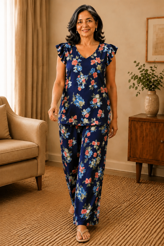 Blue Bouquet Rayon Night Suit