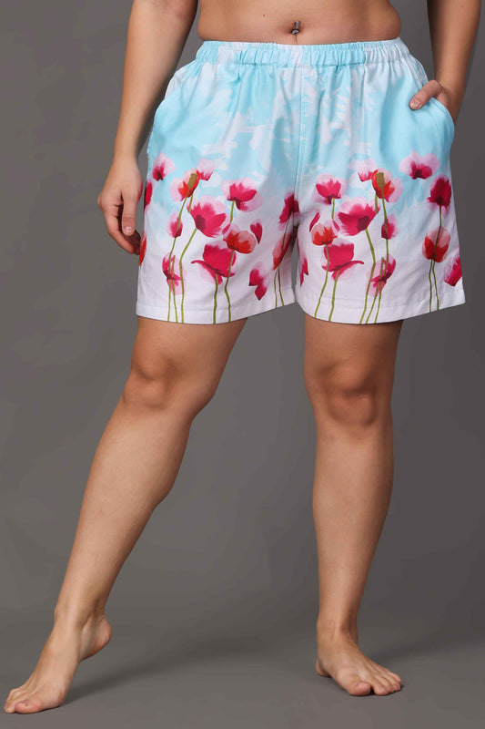 Buy Plus Size Blue Floral Cotton Shorts At Apella | Sizes XS to 10 XL | India | Free Delivery | Customized