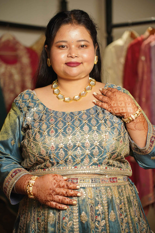 Zehnaya Blue Tissue Lehenga With Zari Embroidery