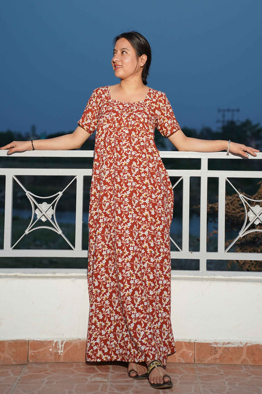 Buy Plus Size Rusty Floral Rayon Night Gown At Apella | Sizes XS to 10 XL | India | Free Delivery | Customized