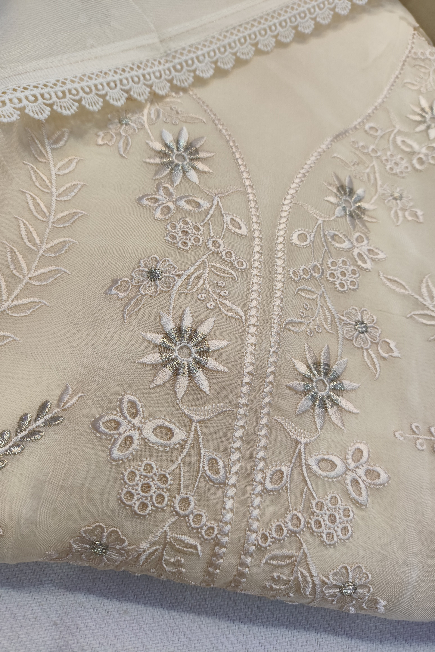 Cream Pure Organza Suit With Schiffli Work