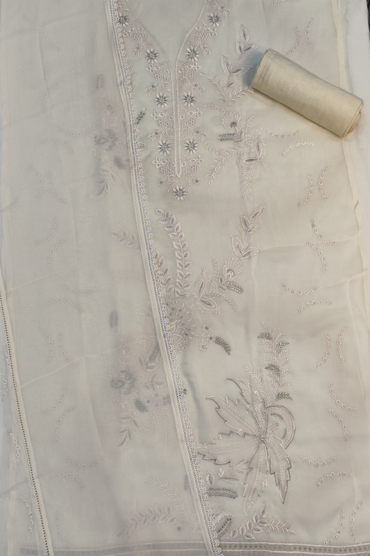 Cream Pure Organza Suit With Schiffli Work