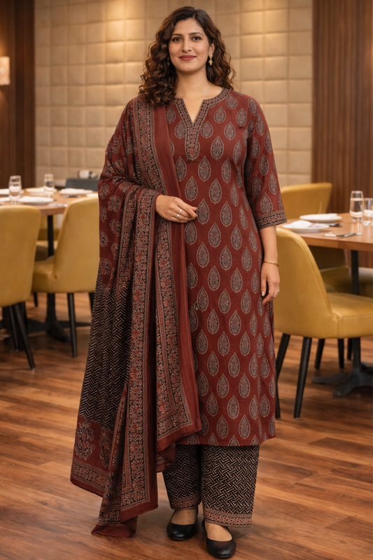 Crimson Whisper Cotton Suit Set