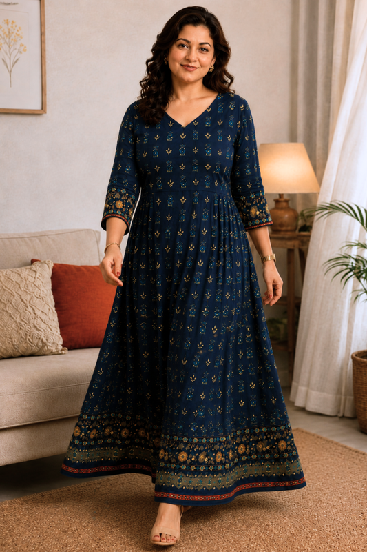 Indigo Lumière Foiled Rayon Dress With Pockets