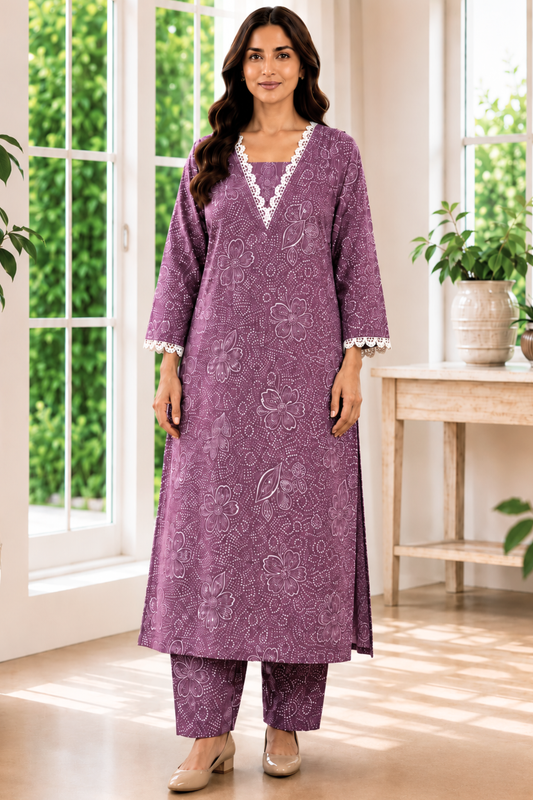 Dusty Peony Foiled Cotton Kurta With Pants