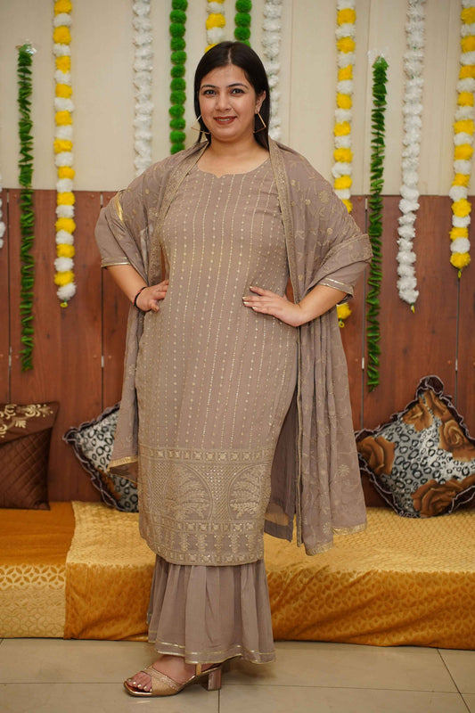 Buy Plus Size Earthy Brown Sequin Suit Set At Apella | Sizes XS to 10 XL | India | Free Delivery | Customized