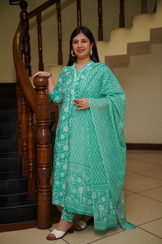 Aqua Green Block Printed Anarkali Set