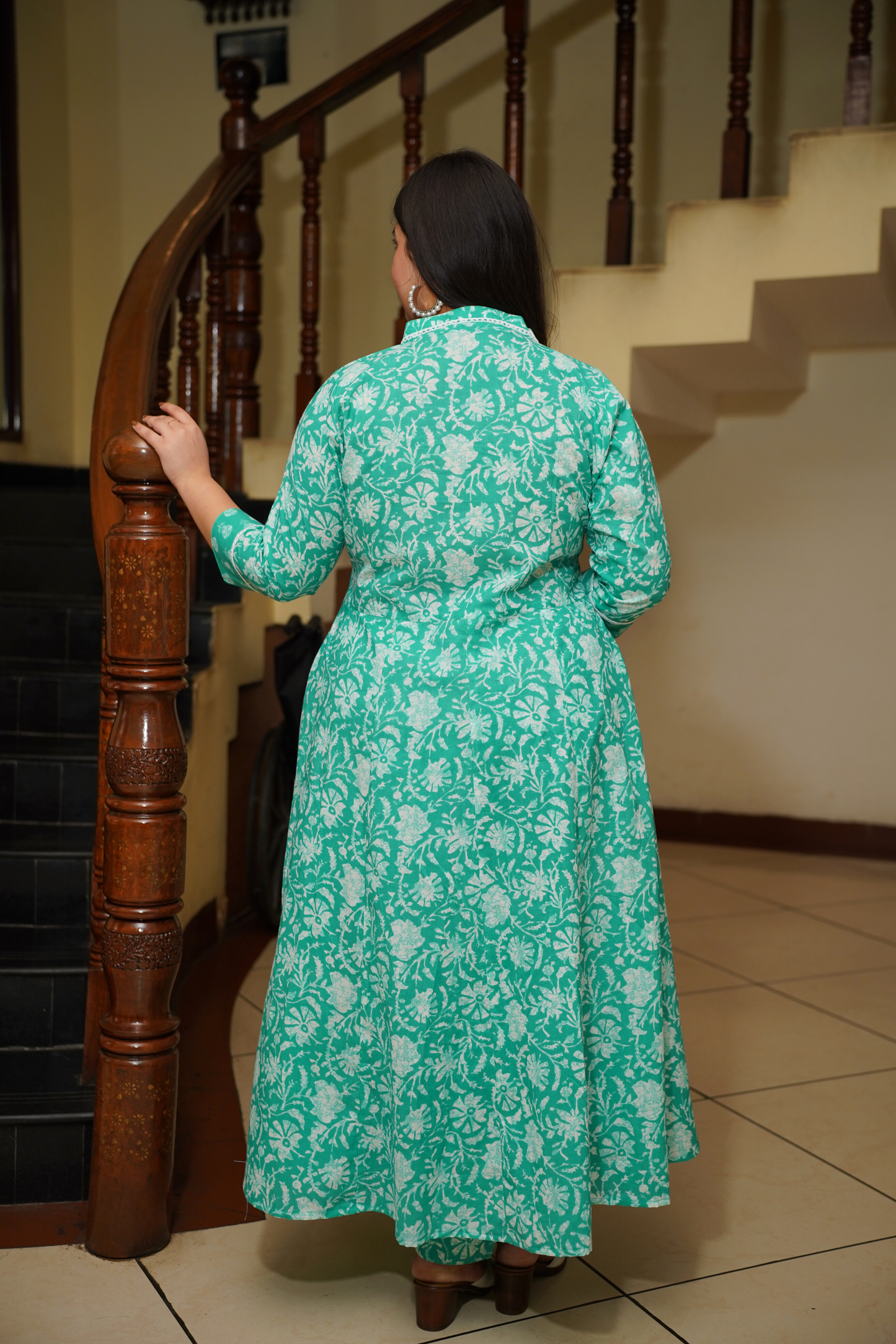 Aqua Green Block Printed Anarkali Set