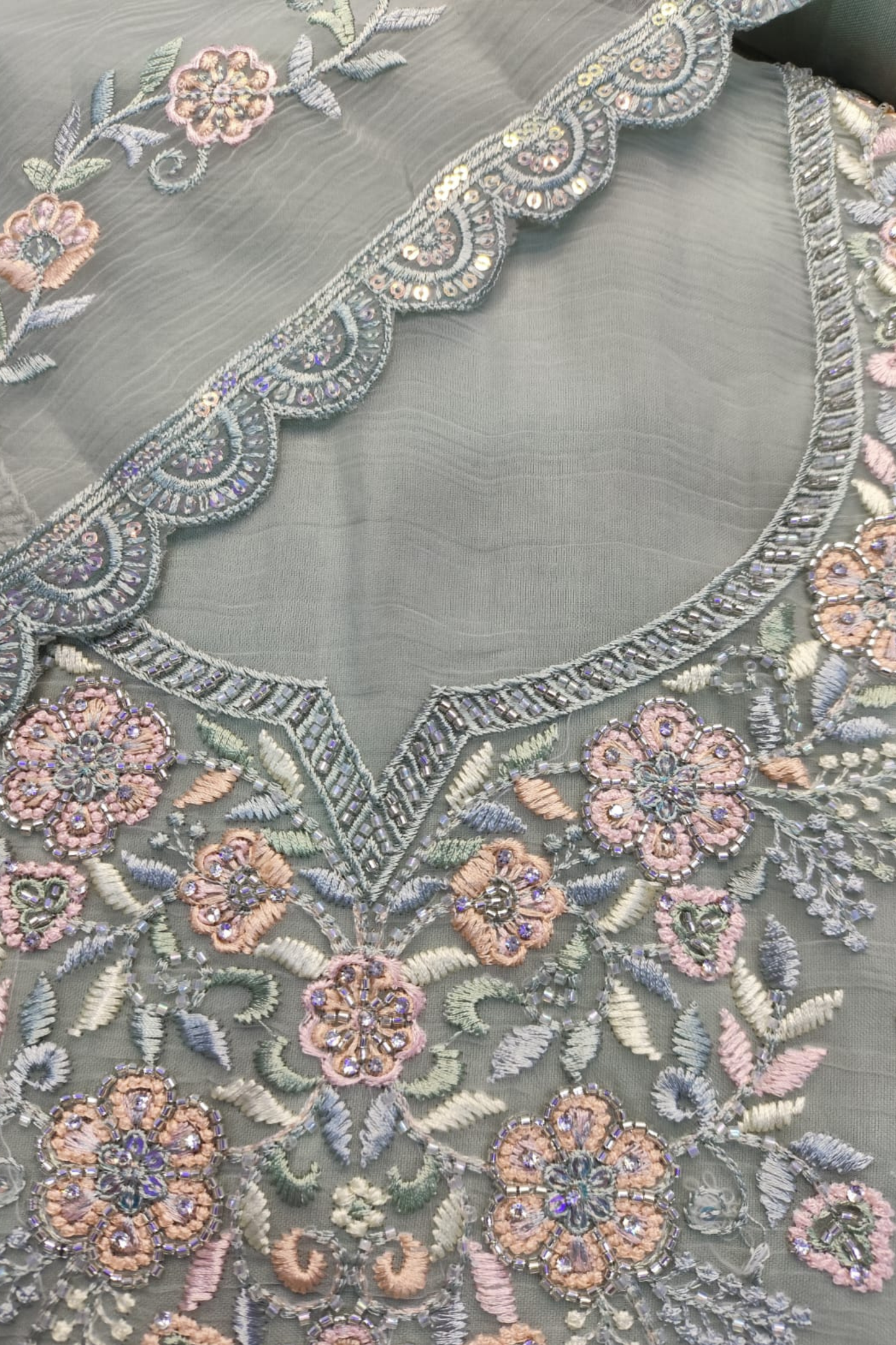 Green Crushed Tissue Suit With Handwork