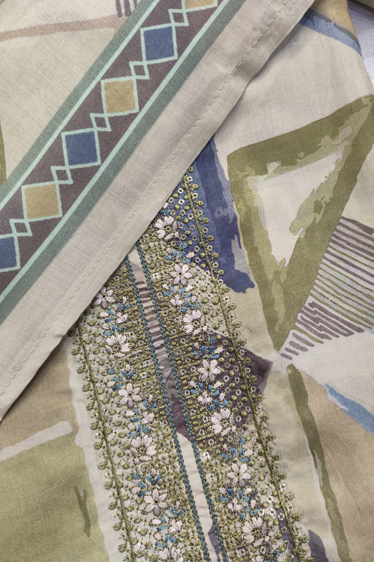 Olive Geometry Pure Muslin Suit