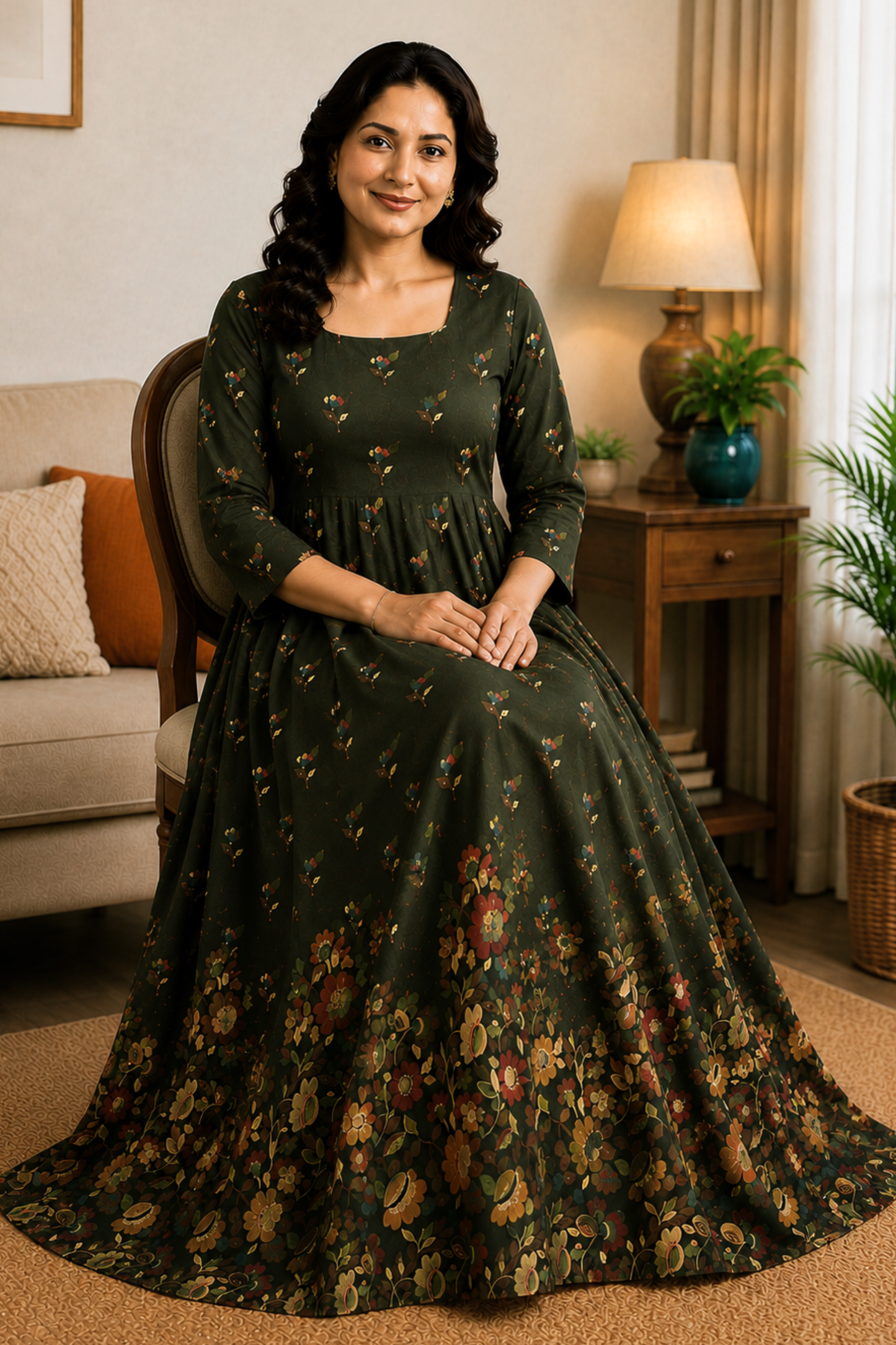 Moss Tapestry Floral Rayon Dress With Pockets