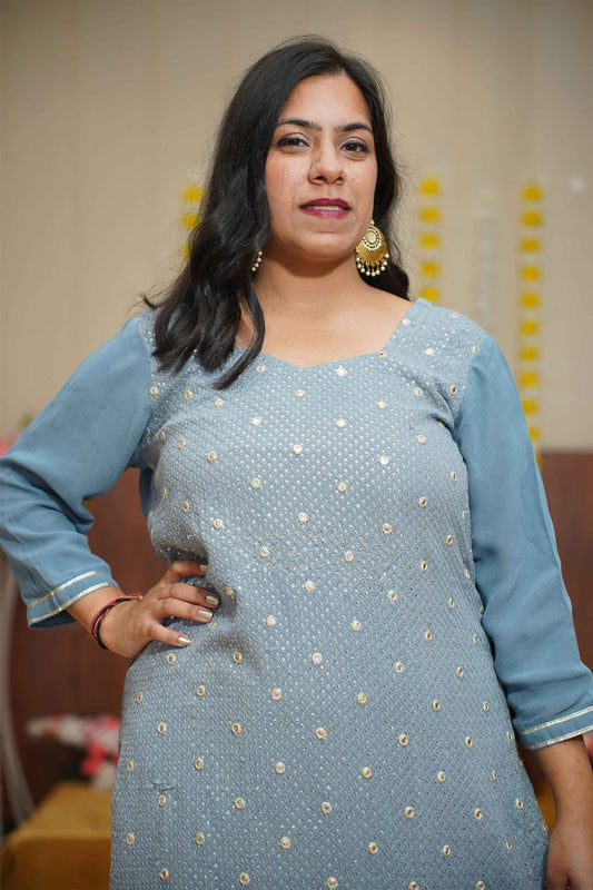 Buy Plus Size Grey Dewdrop Chikan Fancy Suit At Apella | Sizes XS to 10 XL | India | Free Delivery | Customized