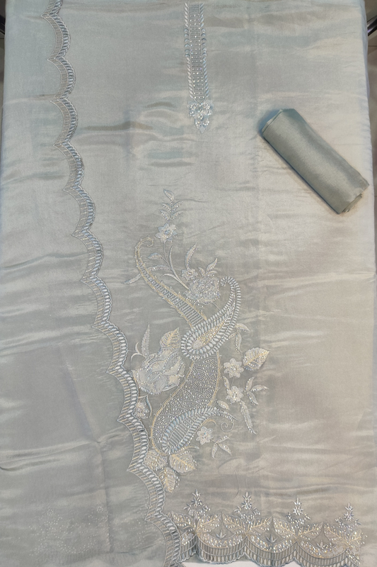 Grey Shimmer Silk Suit With Swarovski Work