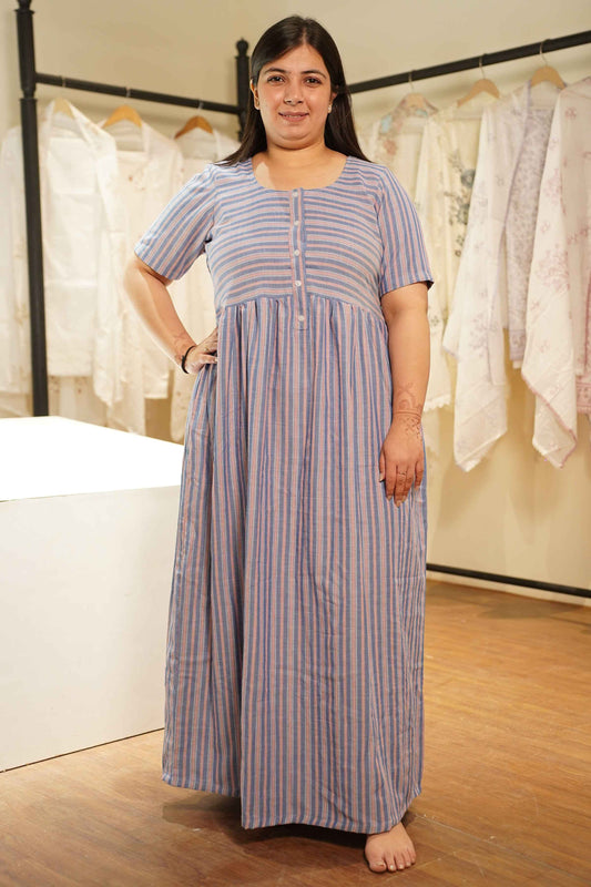 Grey Striped Cotton Night Gown
