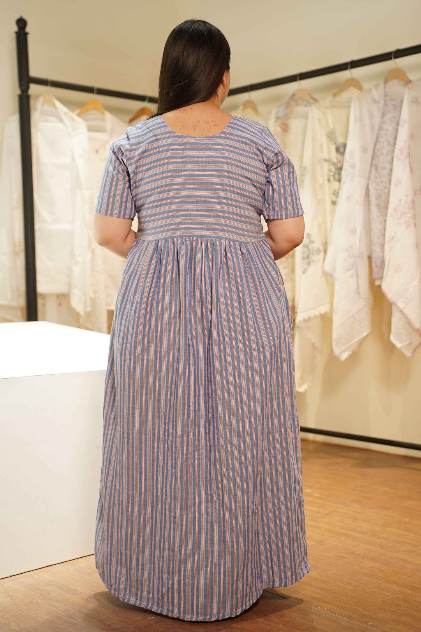 Grey Striped Cotton Night Gown