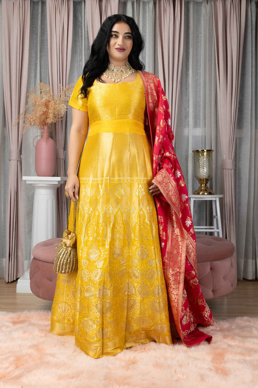 Buy Plus Size Gulmohar Sitara Banarasi Silk Dress At Apella | Sizes XS to 10 XL | India | Free Delivery | Customized