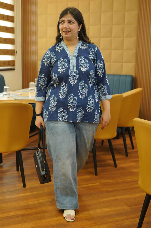Indigo Block Printed Mandarin Cotton Top