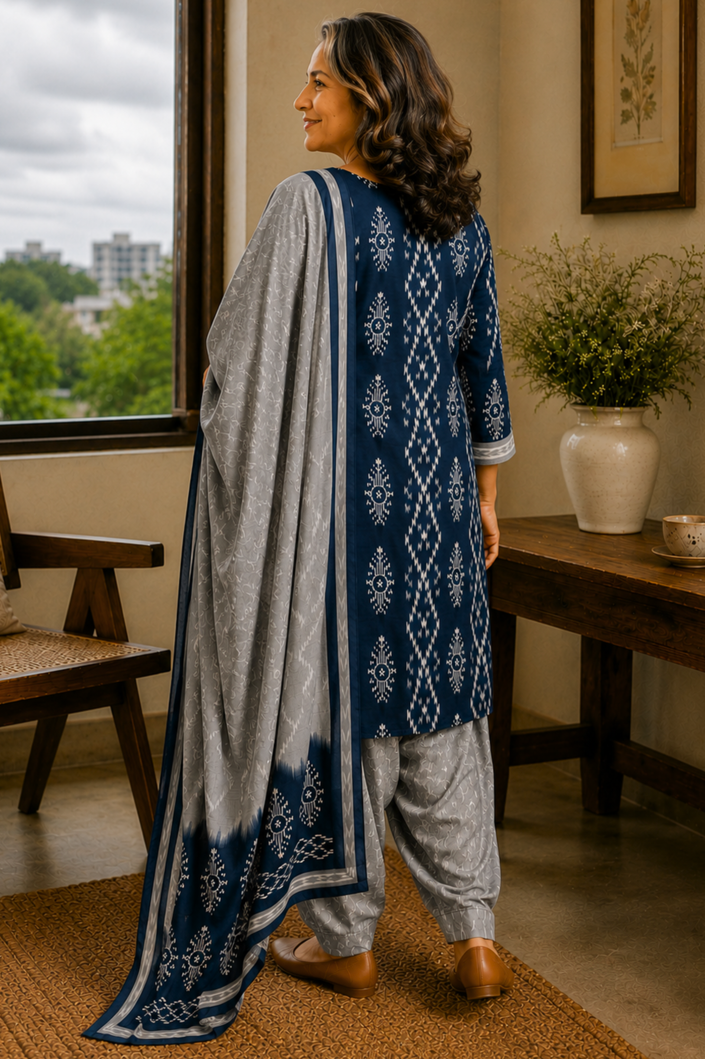 Indigo Sliver Ikat Cotton Salwar Suit